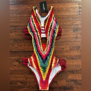 Colorful Crochet Print One-Piece Swimsuit sz M